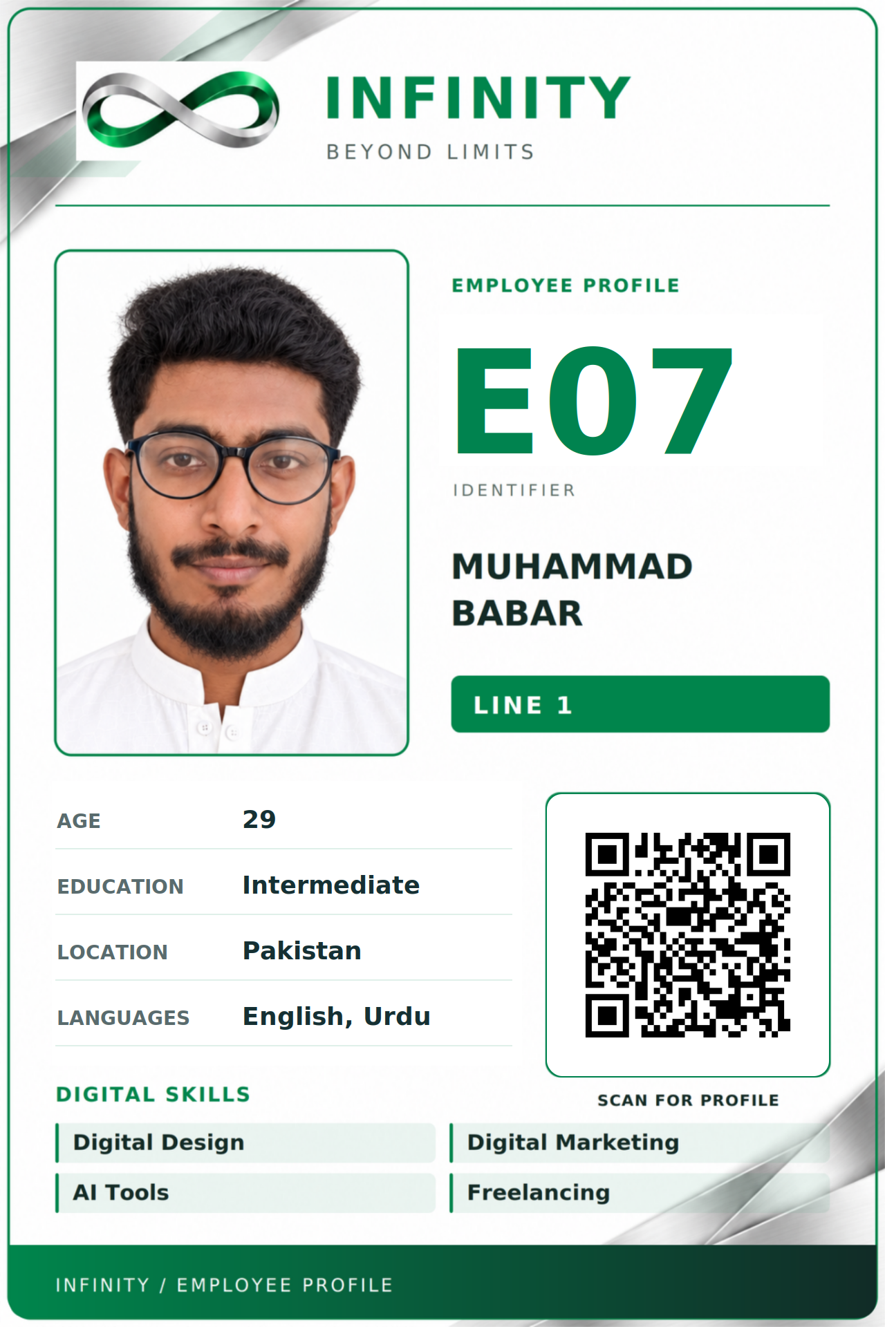Front of INFINITY E07 employee card for Muhammad Babar